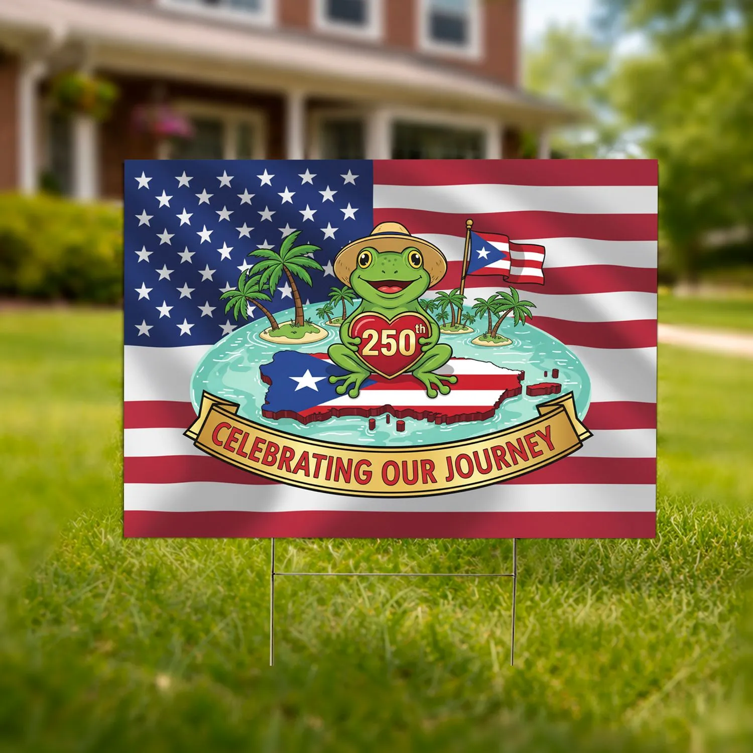 Coqui Frog Puerto Rico Map American Flag - USA 250th Anniversary Celebrating Our Journey Yard Sign - 1
