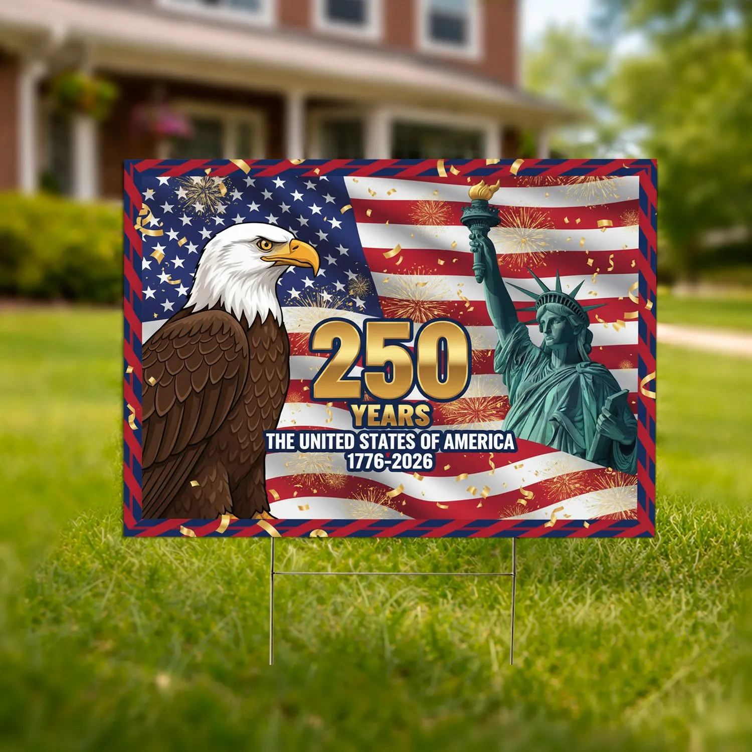 Bald Eagle Statue of Liberty American Flag USA 250th Anniversary 1776-2026 Celebration Yard Sign - 1
