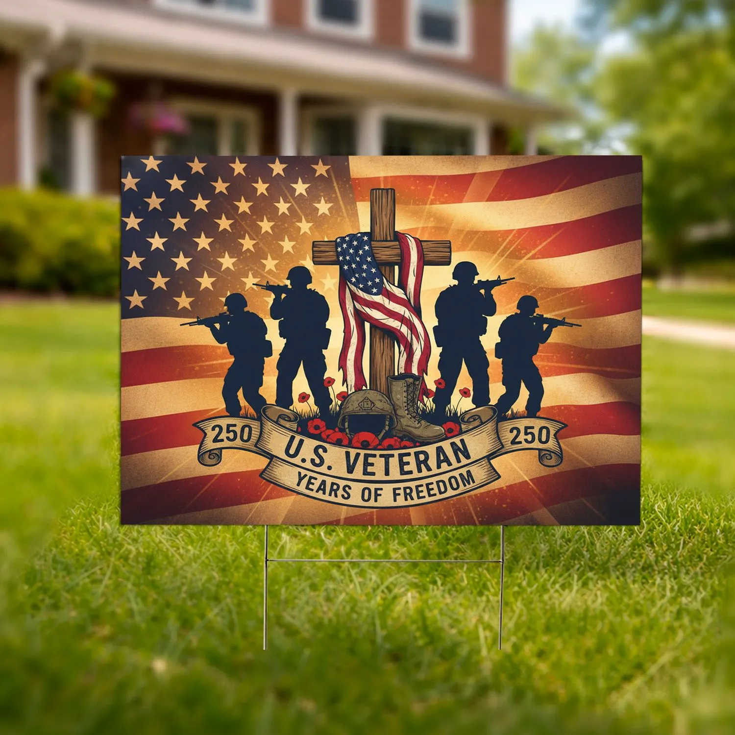 Soldier Cross Flag 1776-2026 - USA 250 Years of Freedom Patriotic Veteran Tribute Yard Sign - 1