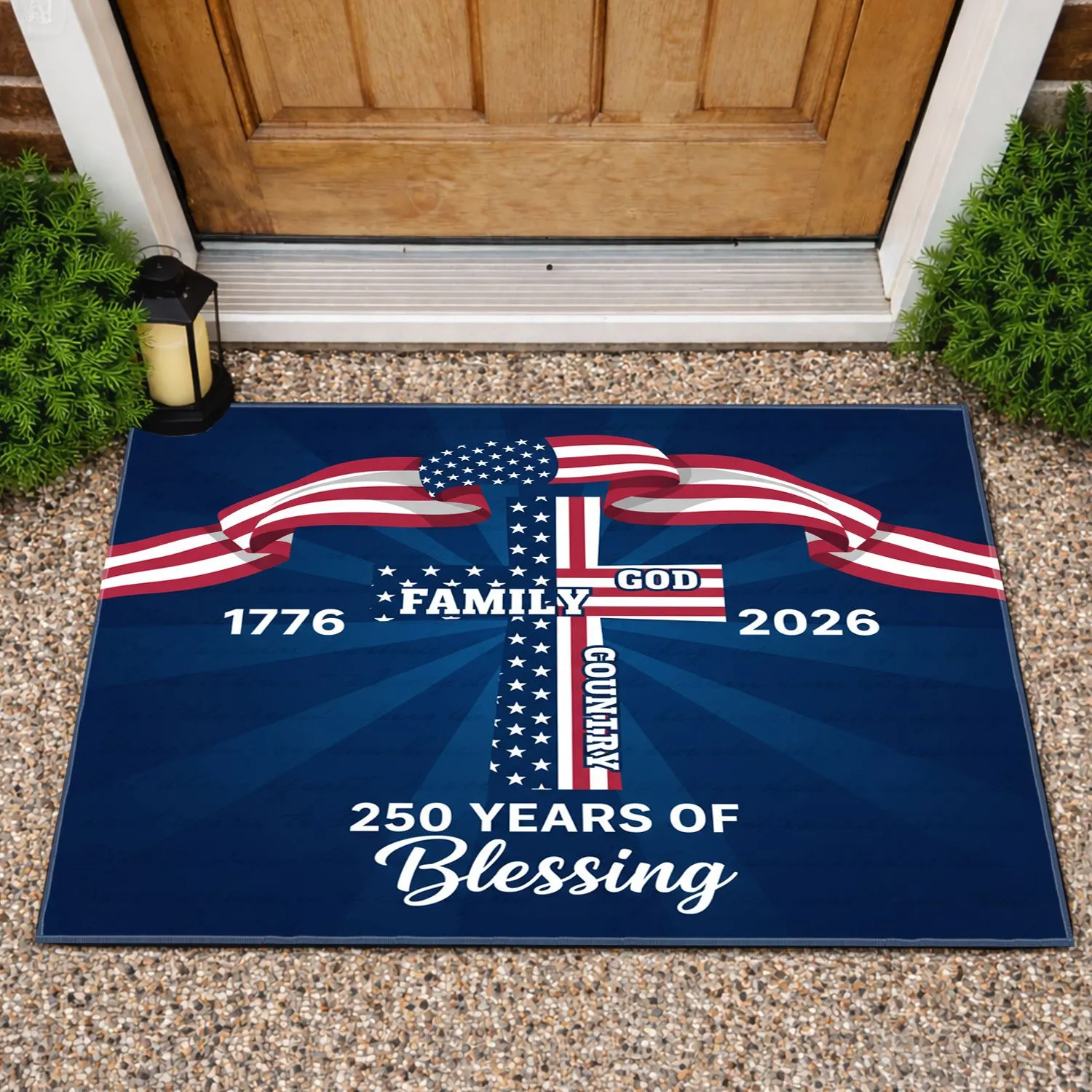 Patriotic Cross Flag GOD FAMILY COUNTRY 1776-2026 - USA 250 Years of Blessing Doormat - 1