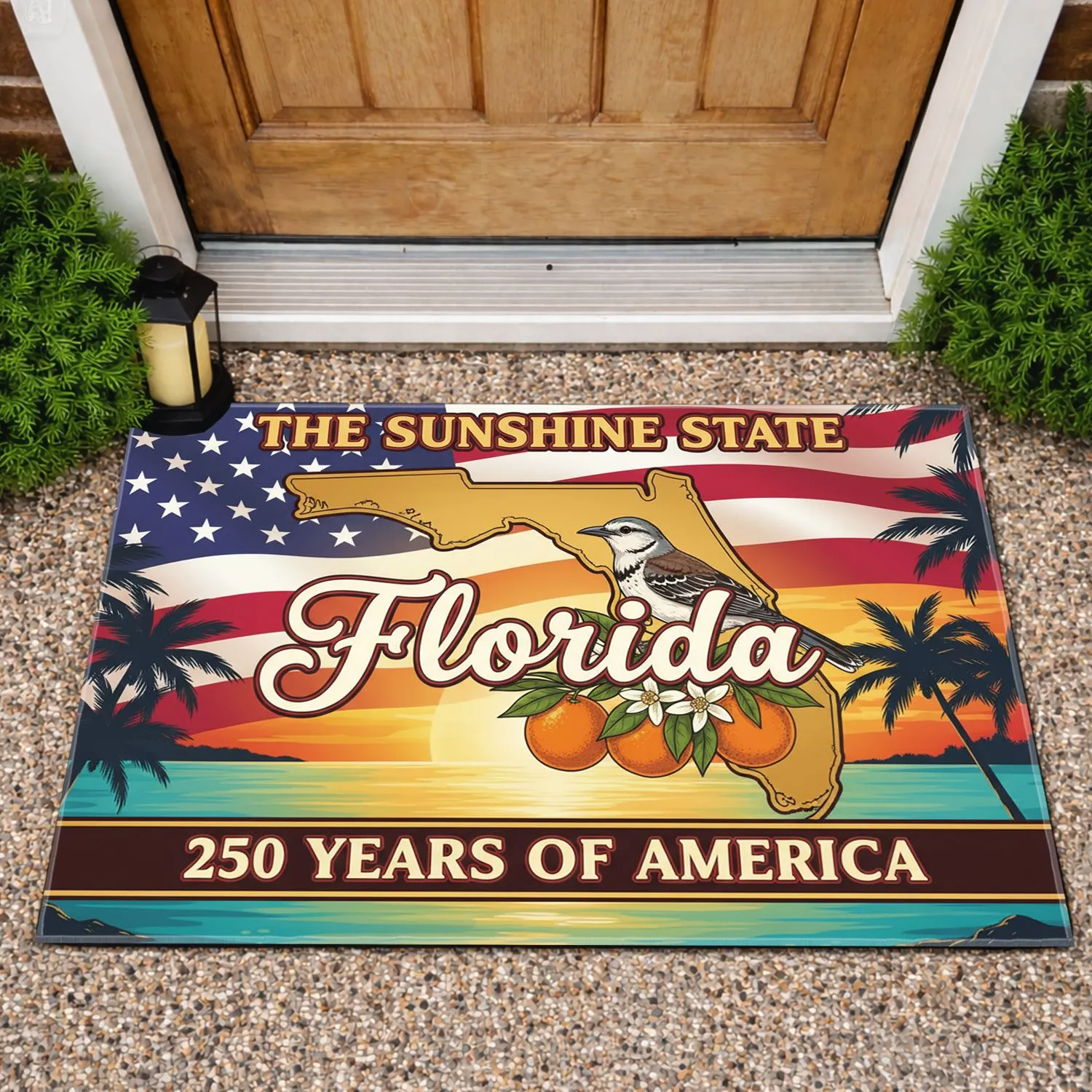 Florida Mockingbird American Flag 1776-2026 - USA 250th Anniversary Tropical Sunset Doormat - 1