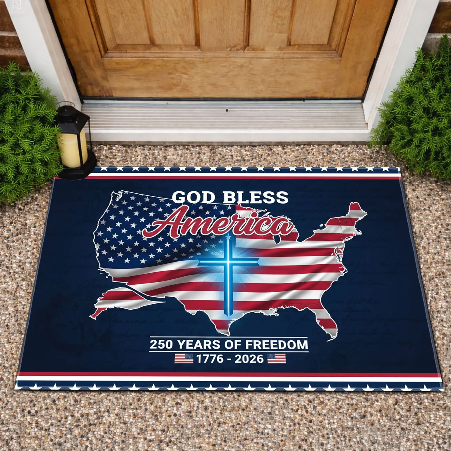 God Bless America Flag Map Cross 1776-2026 - 250 Years of Freedom Patriotic Doormat - 1