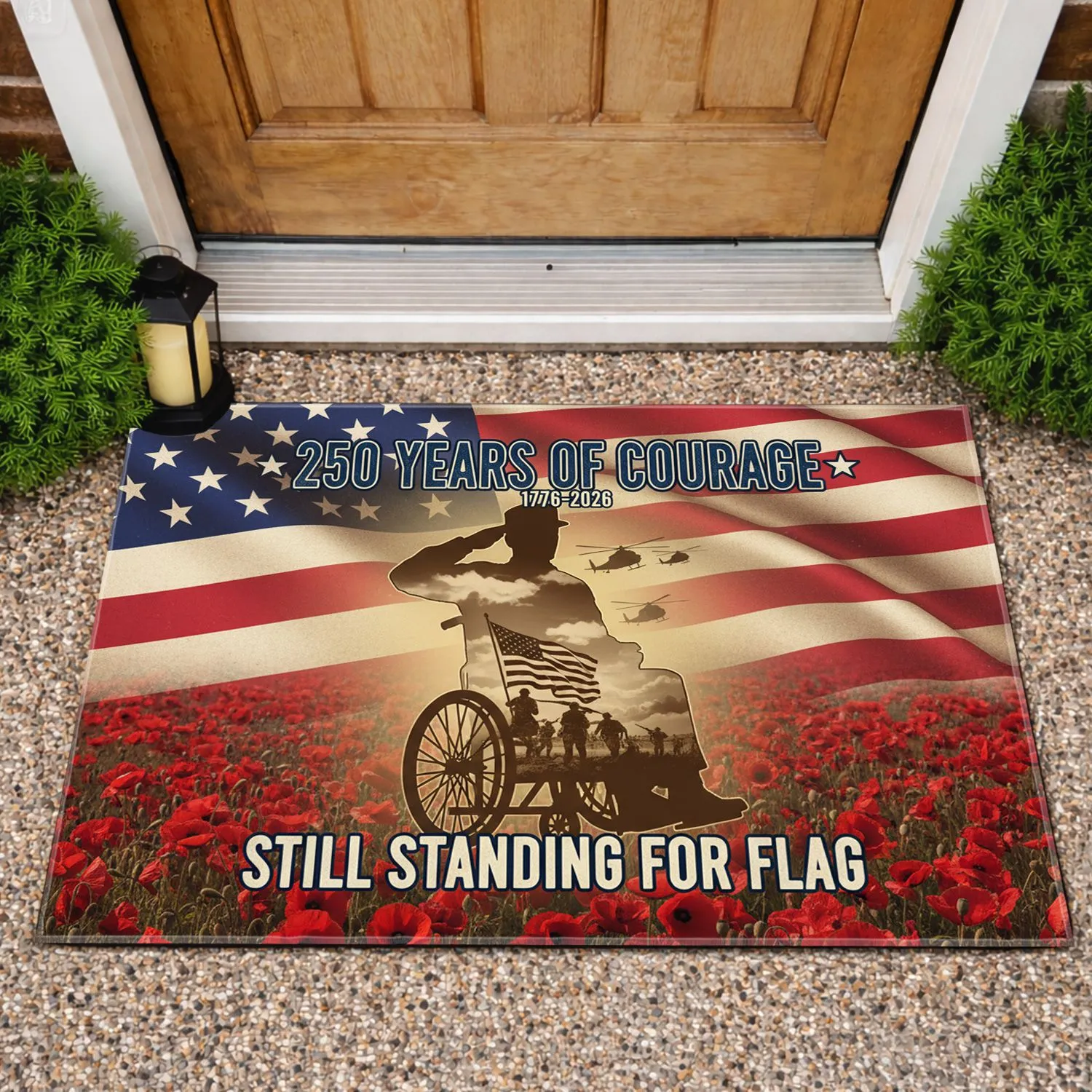 Saluting Soldier Wheelchair American Flag Poppies - 250th Anniversary 1776-2026 Veterans Gift Doormat - 1