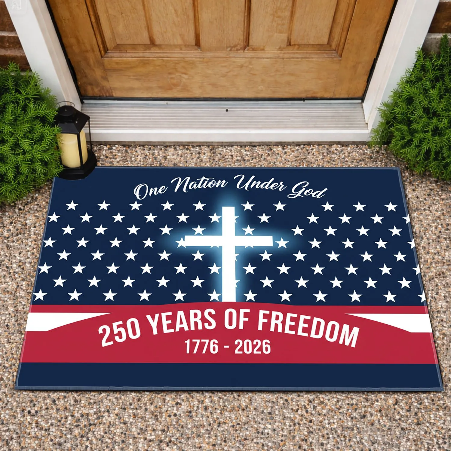 Luminous Cross Star Field 250 Years of Freedom - One Nation Under God 1776-2026 Doormat - 1