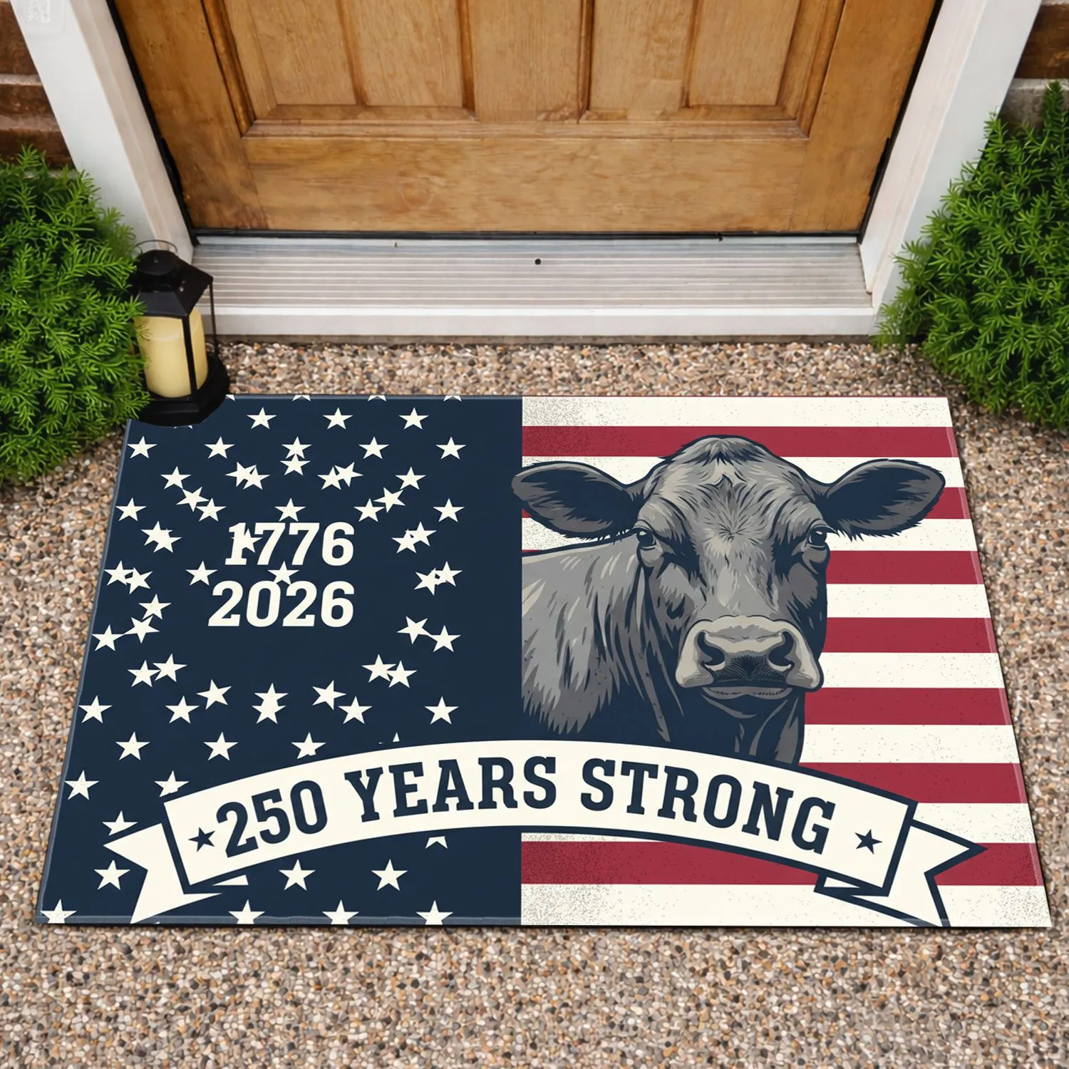 Grayscale Cow American Flag 1776-2026 - USA 250 Years Strong Patriotic Heritage Doormat - 1