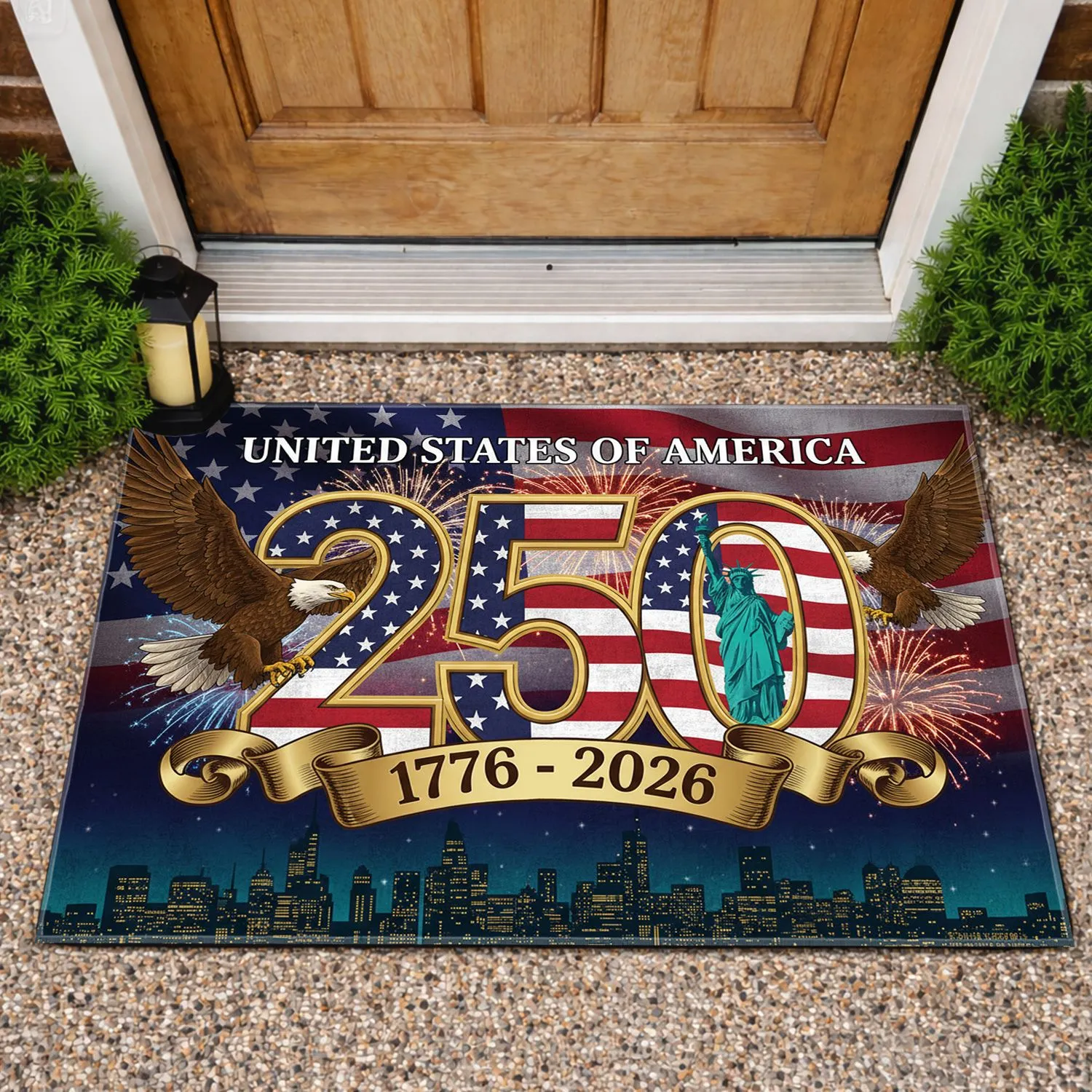 Bald Eagle American Flag 250th Anniversary 1776-2026 Statue of Liberty Fireworks Cityscape Doormat - 1