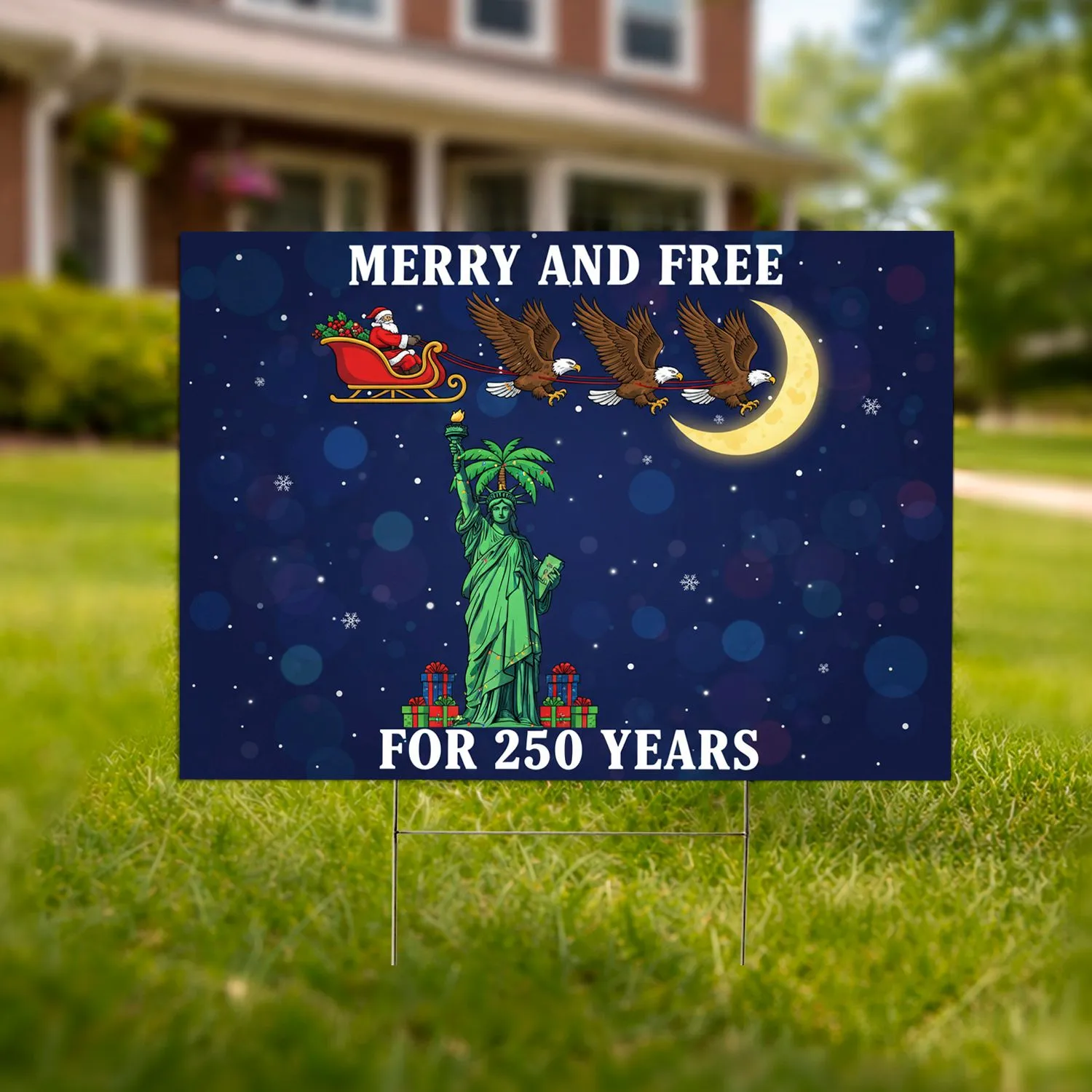 Patriotic Statue of Liberty Santa Eagles Merry & Free - USA 250th Anniversary Xmas 1776-2026 Yard Sign - 1