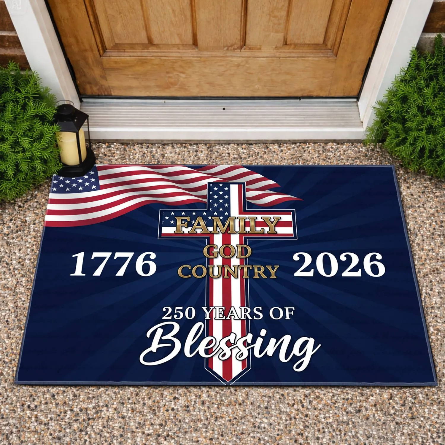 Patriotic Christian Cross God Country American Flag 1776-2026 - USA 250th Anniversary Doormat - 1