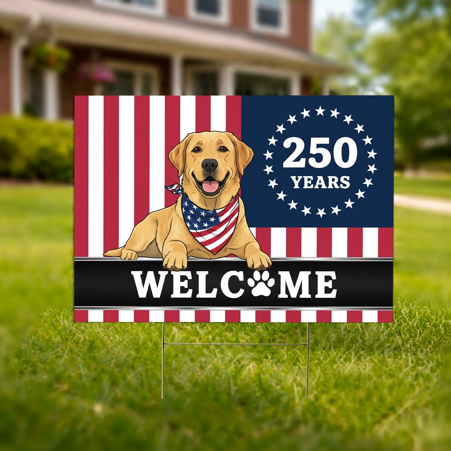 Golden Labrador American Flag 250 Years - USA 1776-2026 Anniversary Welcome Dog Sign Yard Sign - 1