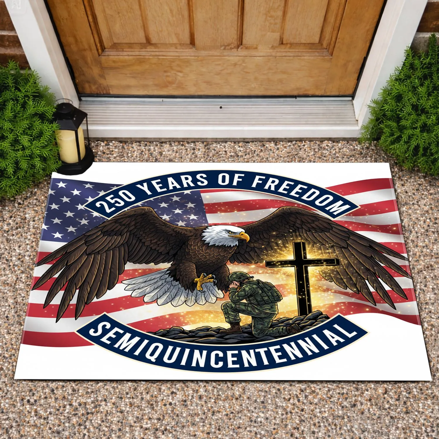 Bald Eagle American Flag Soldier Cross 1776-2026 - USA 250th Anniversary Tribute Doormat - 1