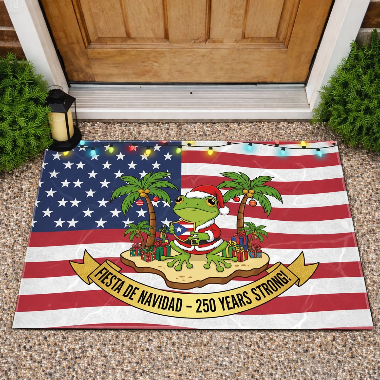 Coqui Frog Puerto Rico American Flag Christmas - USA 250th Anniversary Fiesta de Navidad Doormat - 1