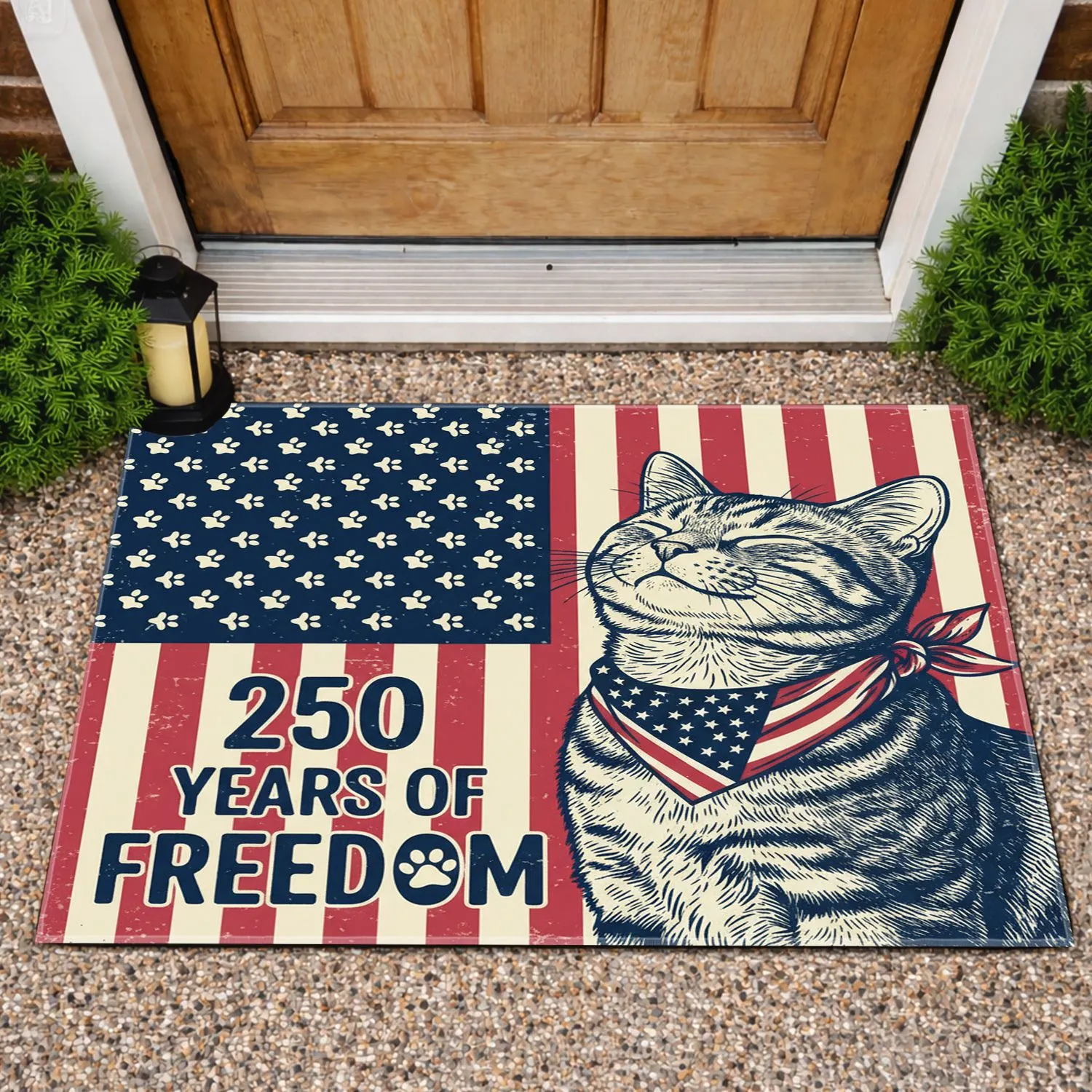 Patriotic Tabby Cat American Flag 250th Anniversary (1776-2026) Freedom Paw Print Doormat - 1