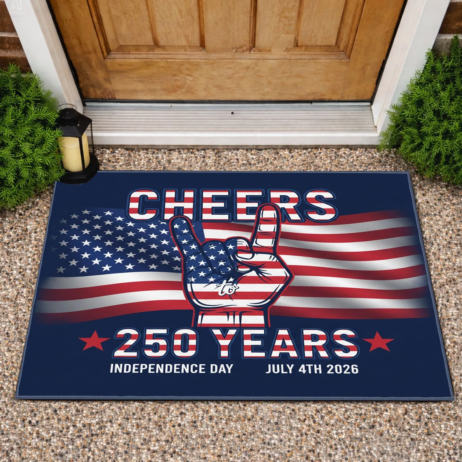 Patriotic Rock On Hand American Flag - Cheers 250 Years USA Independence Day 2026 Doormat - 1