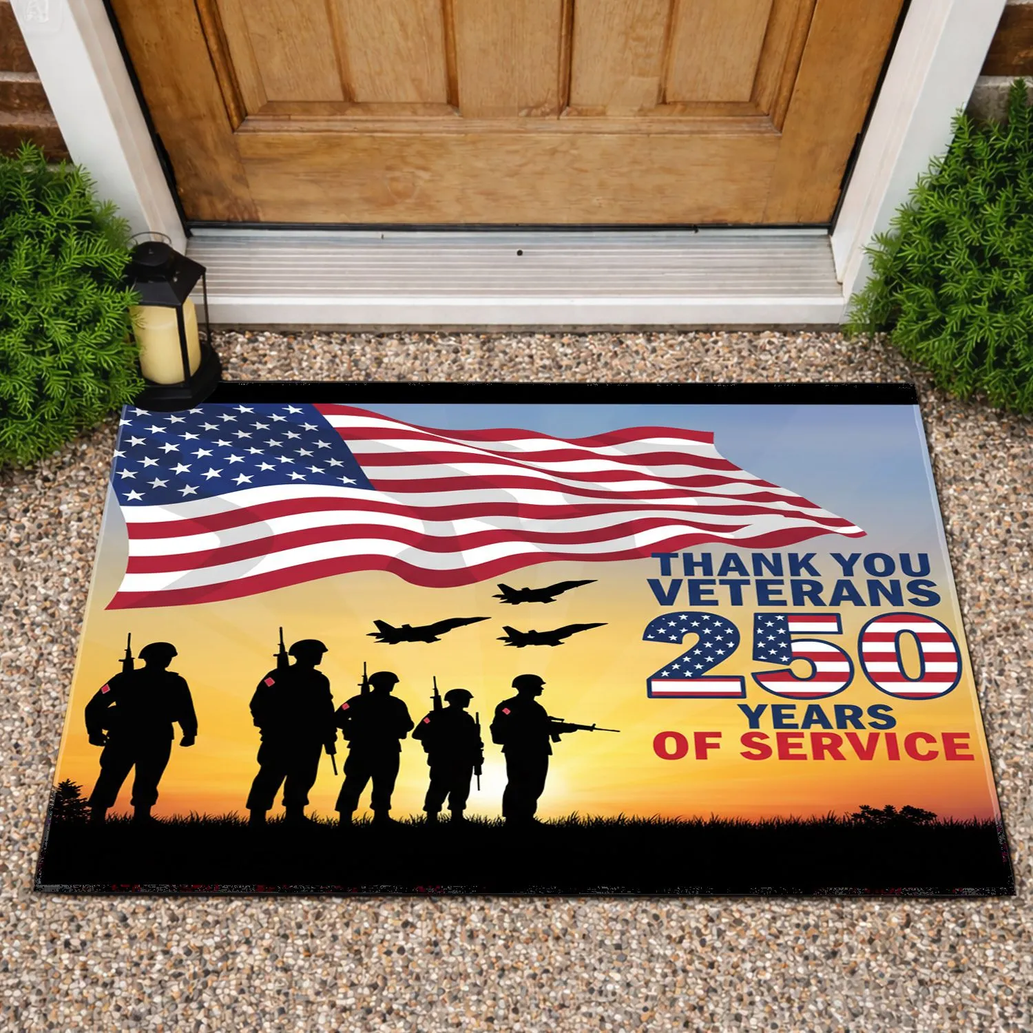 Waving Flag Military Silhouettes & Jets 250th Anniversary 1776-2026 - Thank You Veterans Doormat - 1