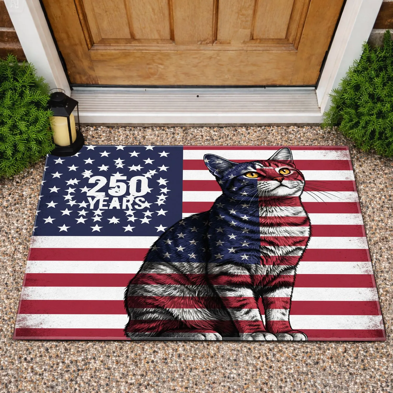 American Flag Tabby Cat 1776-2026 - USA 250th Anniversary Patriotic Outdoor Art Doormat - 1