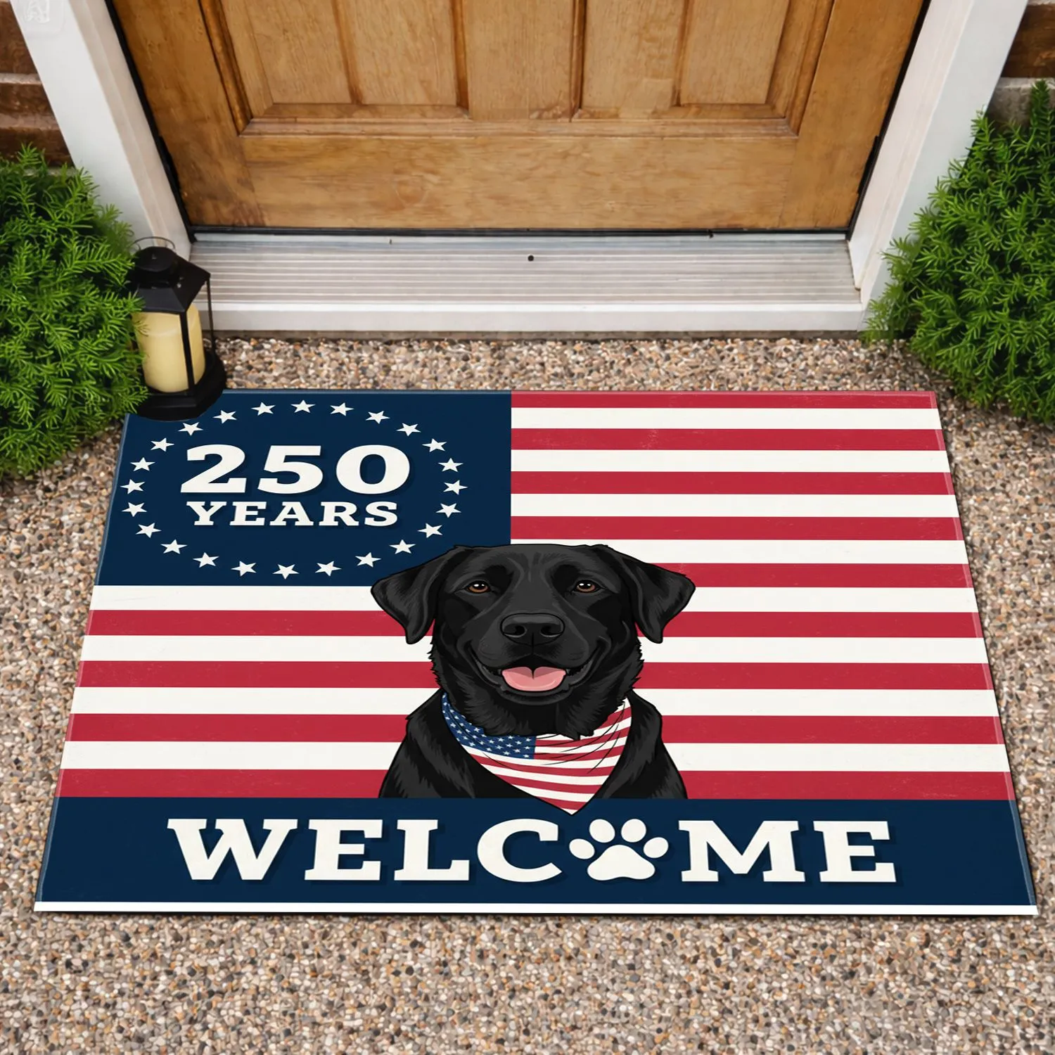 Black Dog American Flag 250 Years Welcome - Patriotic USA 250th Anniversary (1776-2026) Doormat - 1