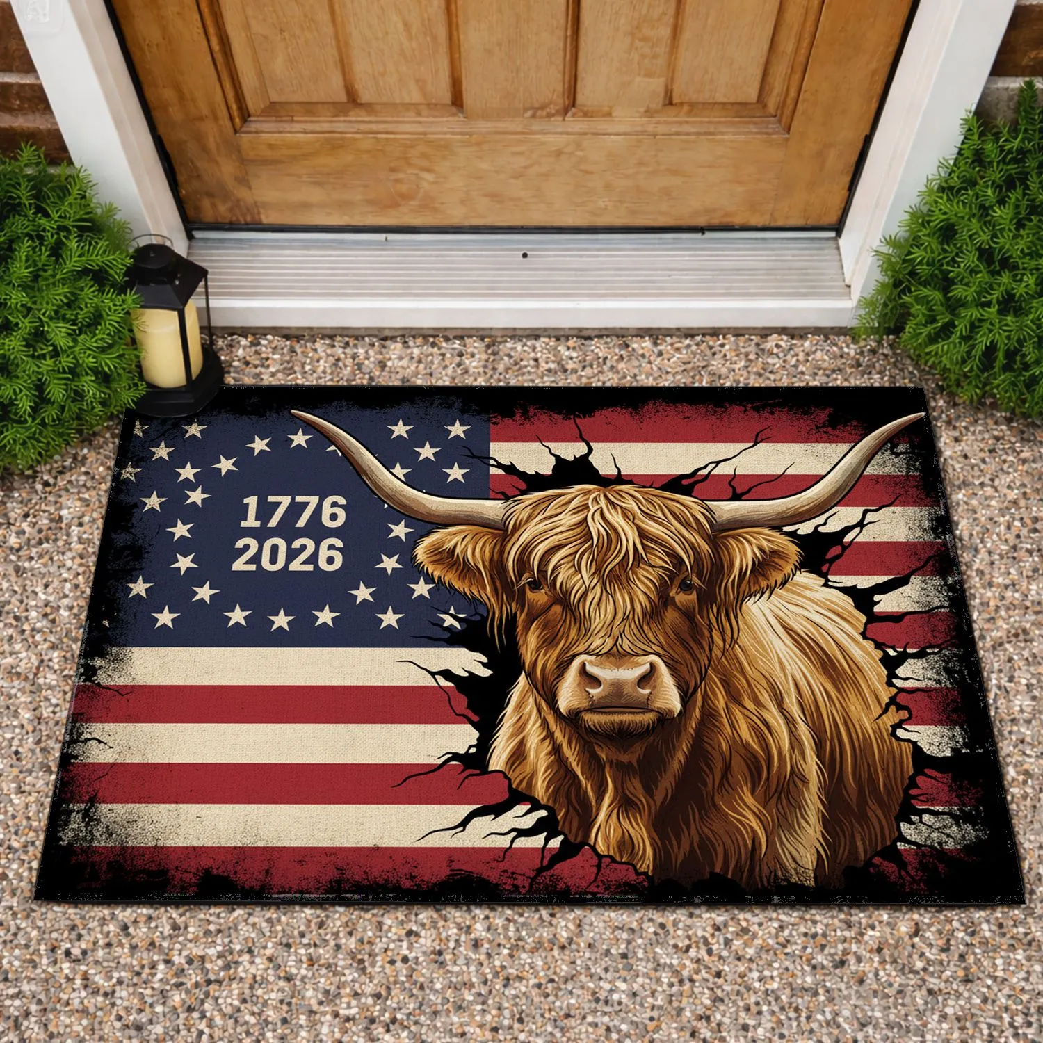 Distressed Highland Cow Betsy Ross American Flag 1776-2026 USA 250th Anniversary Freedom Doormat - 1