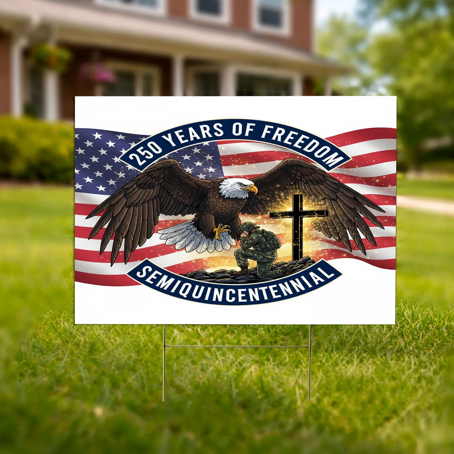 Bald Eagle American Flag Soldier Cross 1776-2026 - USA 250th Anniversary Tribute Yard Sign - 1