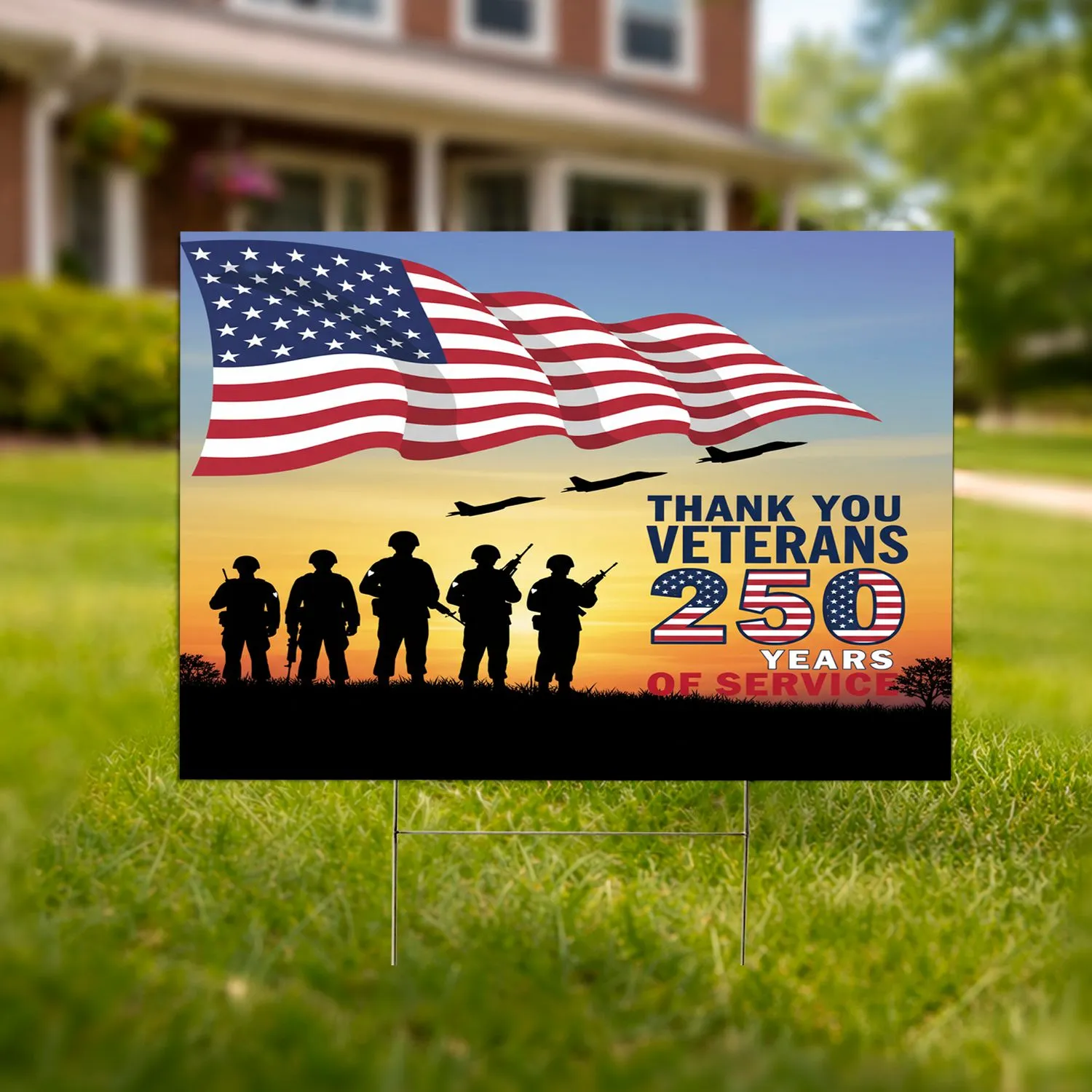 Waving Flag Military Silhouettes & Jets 250th Anniversary 1776-2026 - Thank You Veterans Yard Sign - 1