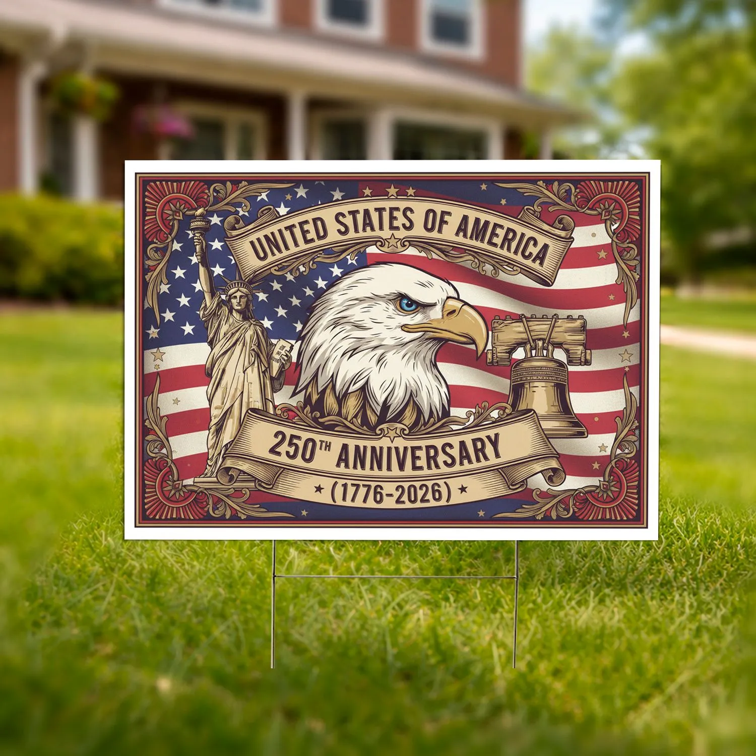 Bald Eagle American Flag Statue of Liberty Liberty Bell 1776-2026 - USA 250th Anniversary Celebration Yard Sign - 1