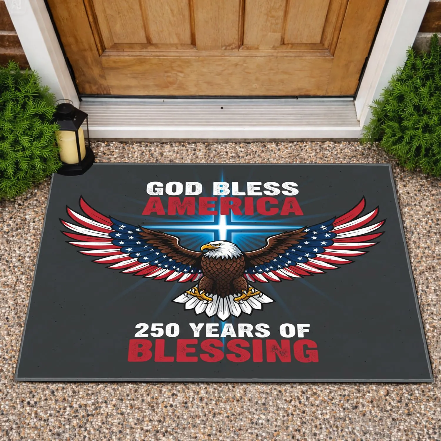 Bald Eagle American Flag Cross - USA 250th Anniversary (1776-2026) GOD BLESS AMERICA Doormat - 1