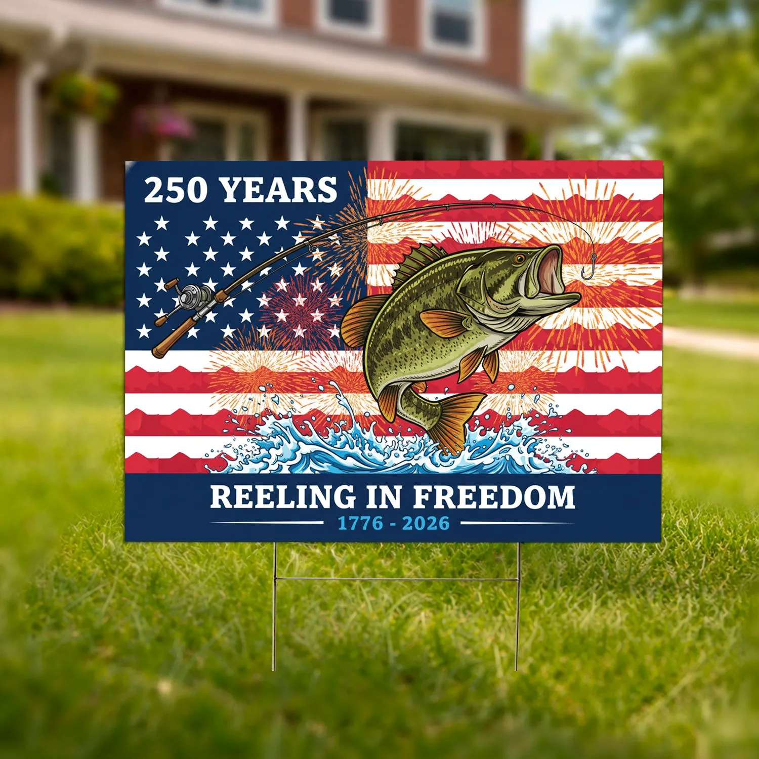 Patriotic Bass Fishing American Flag 1776-2026 - USA 250th Anniversary Freedom Yard Sign - 1