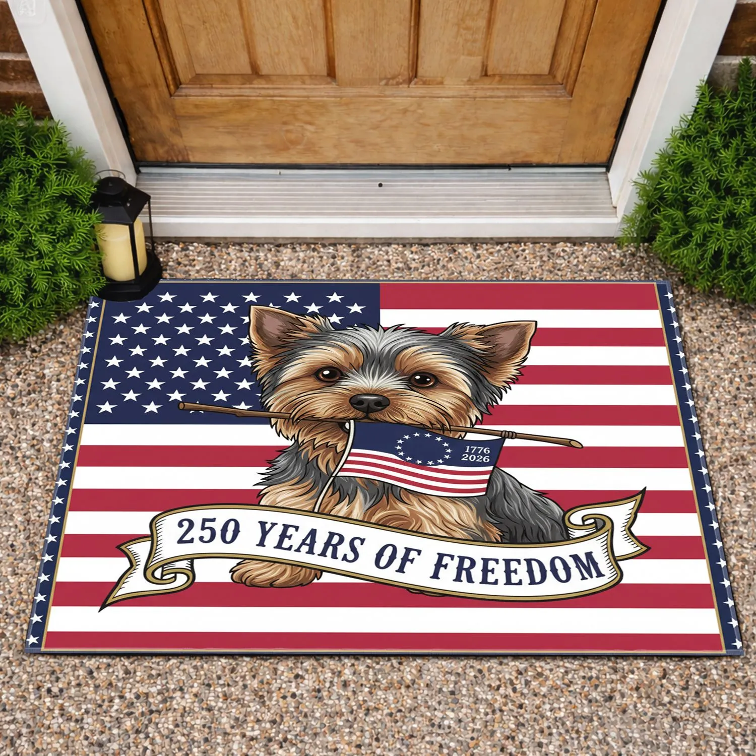 Yorkshire Terrier Betsy Ross Flag 1776-2026 - USA 250th Anniversary Patriotic Celebration Doormat - 1
