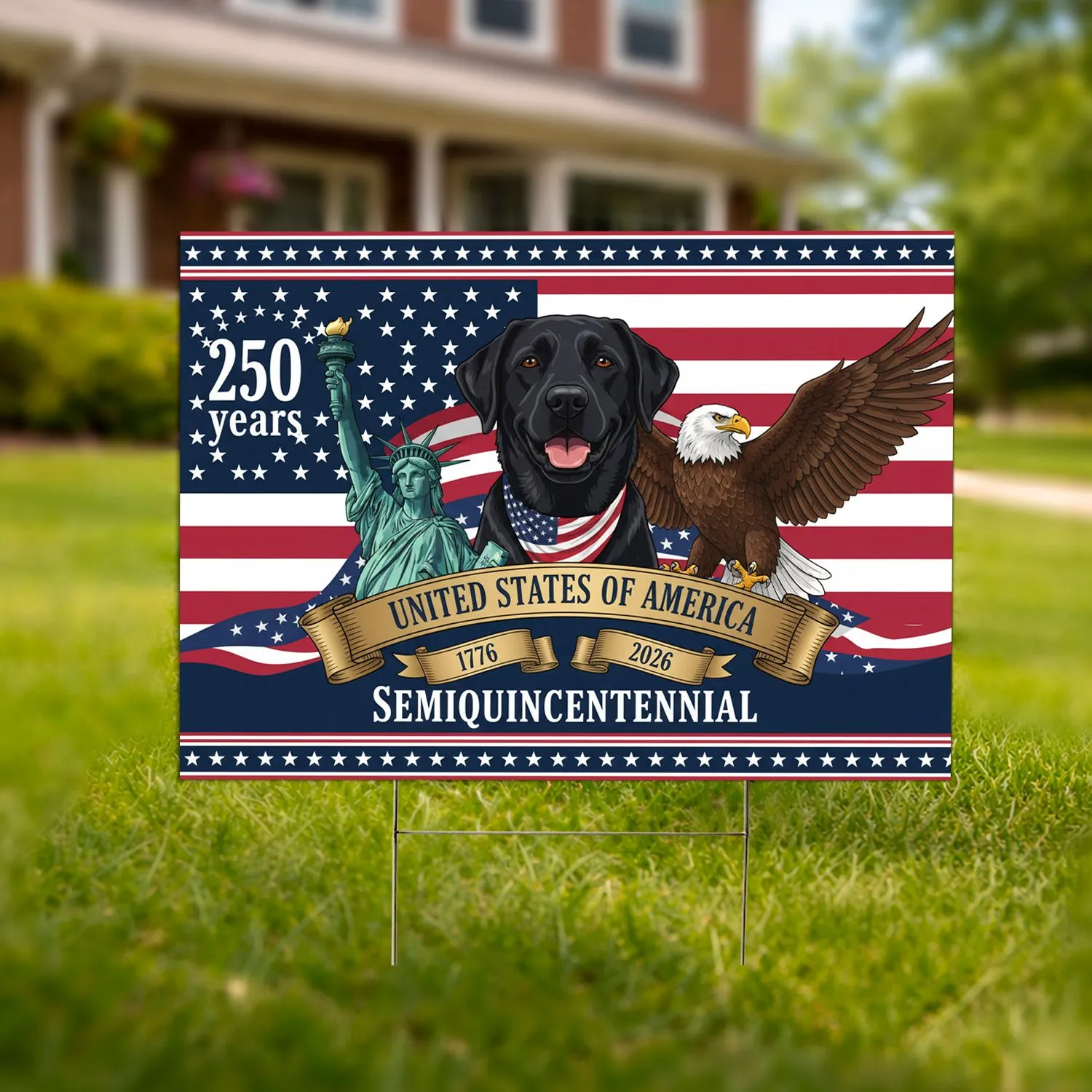 Black Labrador Statue of Liberty Bald Eagle American Flag 1776-2026 USA Semiquincentennial Yard Sign - 1