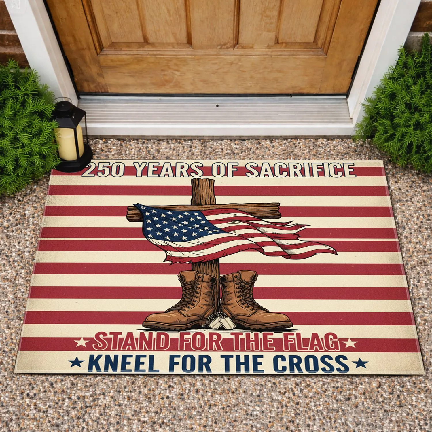 American Flag Cross Boots - 250 Years of Sacrifice - Stand for Flag Kneel for Cross Doormat - 1