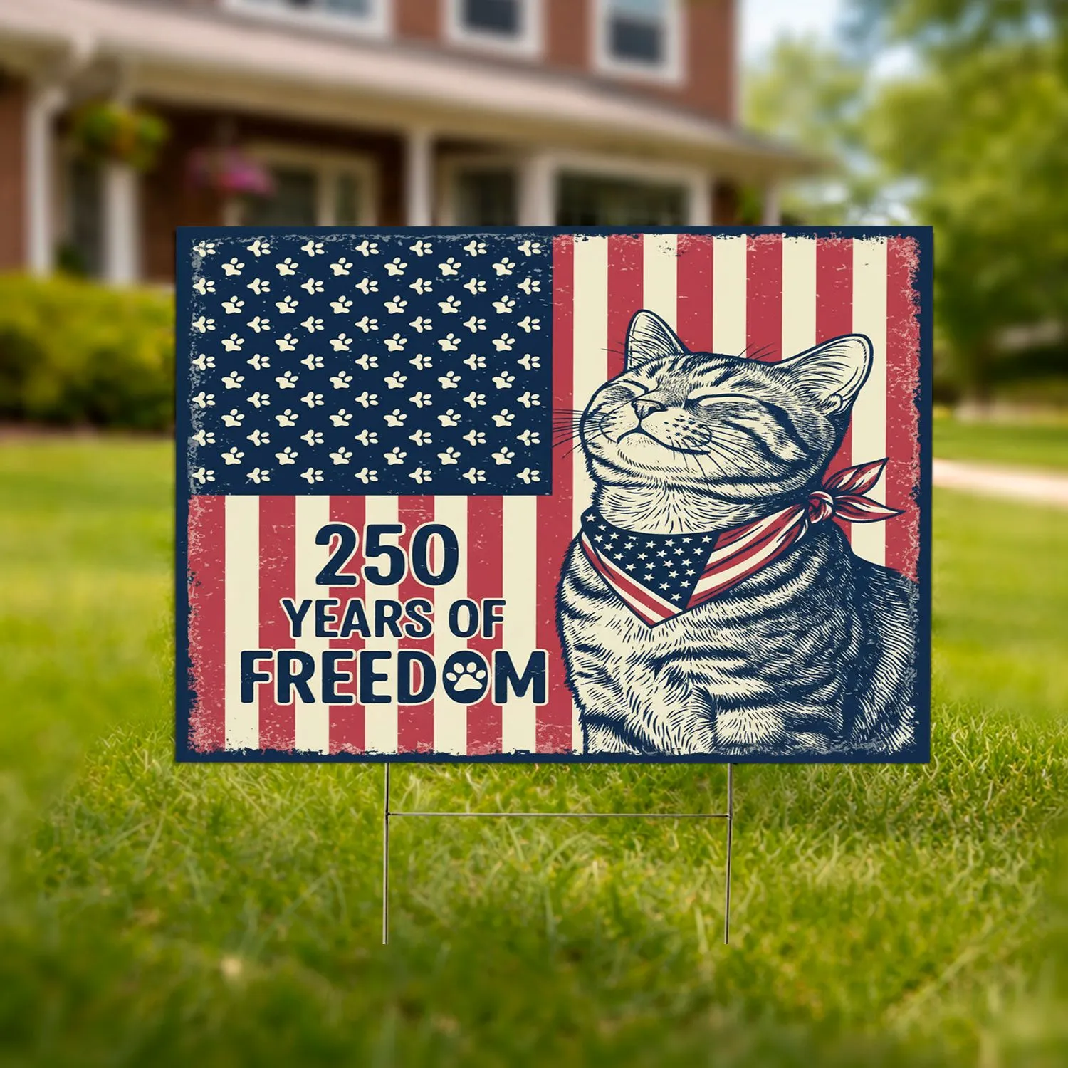 Patriotic Tabby Cat American Flag 250th Anniversary (1776-2026) Freedom Paw Print Yard Sign - 1