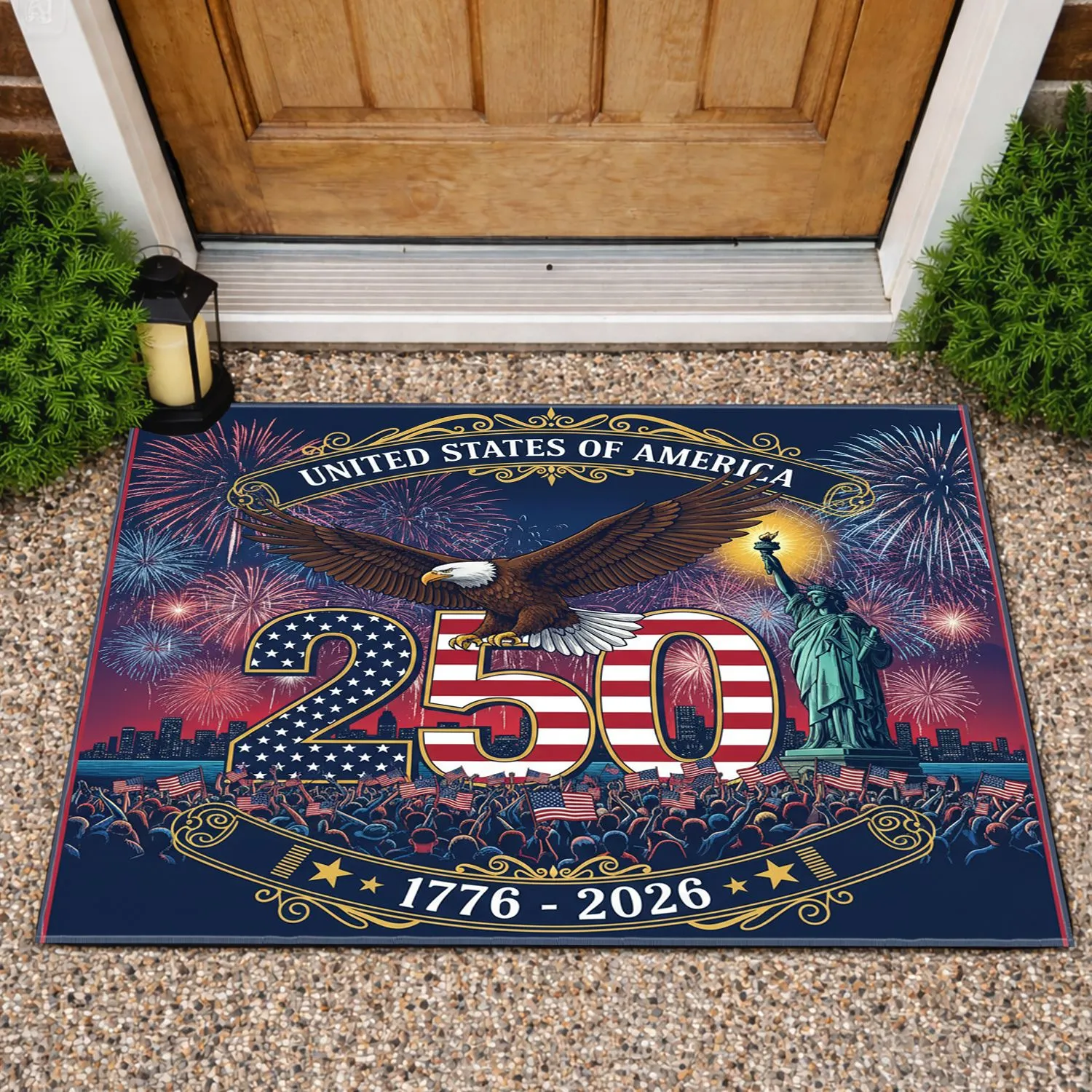 Bald Eagle Statue of Liberty American Flag 250th Anniversary 1776-2026 Celebration Doormat - 1