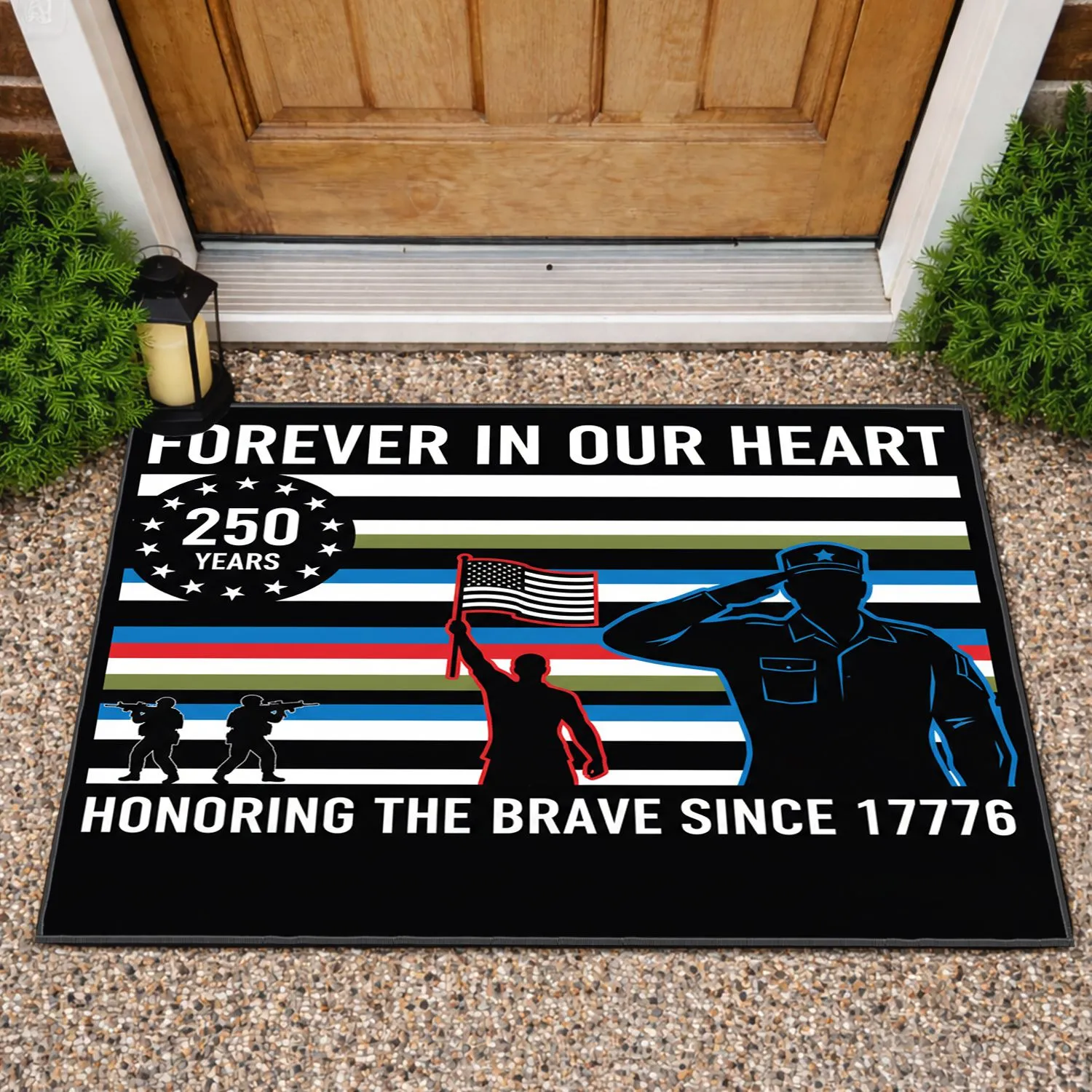 Black Flag Patriotic Silhouettes 1776 - USA 250th Anniversary Military Veteran Tribute Gift Doormat - 1