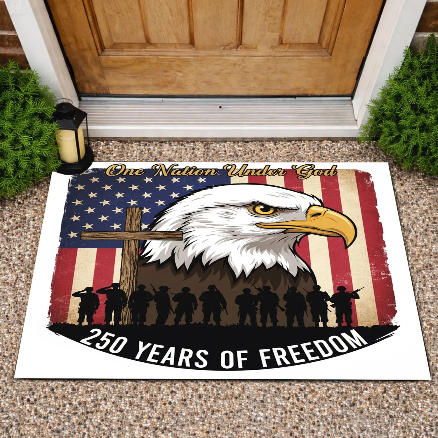 Bald Eagle American Flag Soldiers 250th Anniversary - One Nation Under God 1776-2026 Doormat - 1