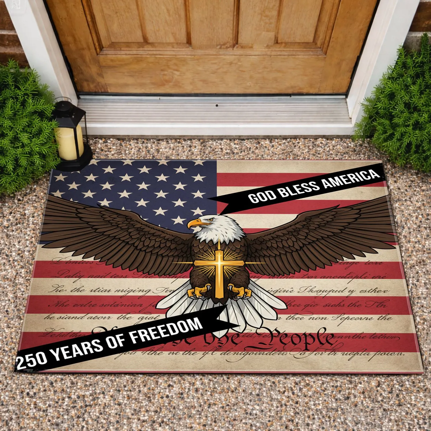 Bald Eagle American Flag We The People 1776 - USA 250th Anniversary Golden Cross Doormat - 1