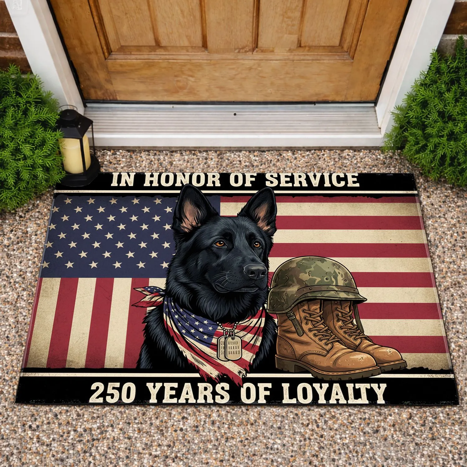 Black German Shepherd American Flag Military 1776-2026 - 250th Anniversary In Honor of Service Doormat - 1