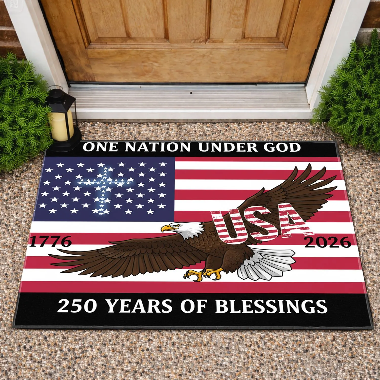Bald Eagle American Flag Christian Cross 1776-2026 - USA 250th Anniversary Patriotic Doormat - 1