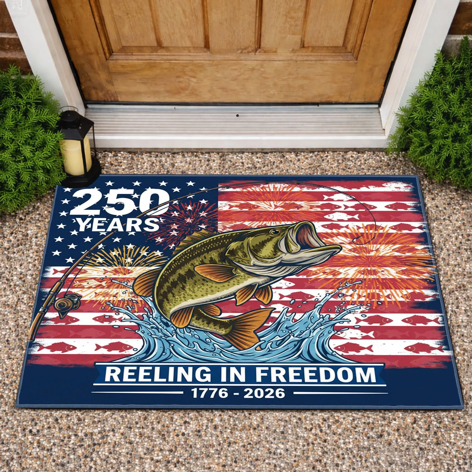 Patriotic Bass Fishing American Flag 1776-2026 - USA 250th Anniversary Freedom Doormat - 1
