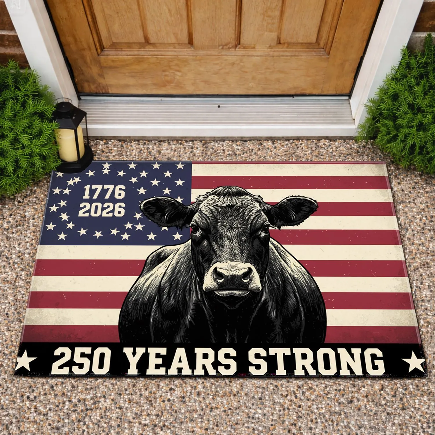 Black Angus Cow Distressed American Flag 1776-2026 - USA 250 Years Strong Patriotic Doormat - 1