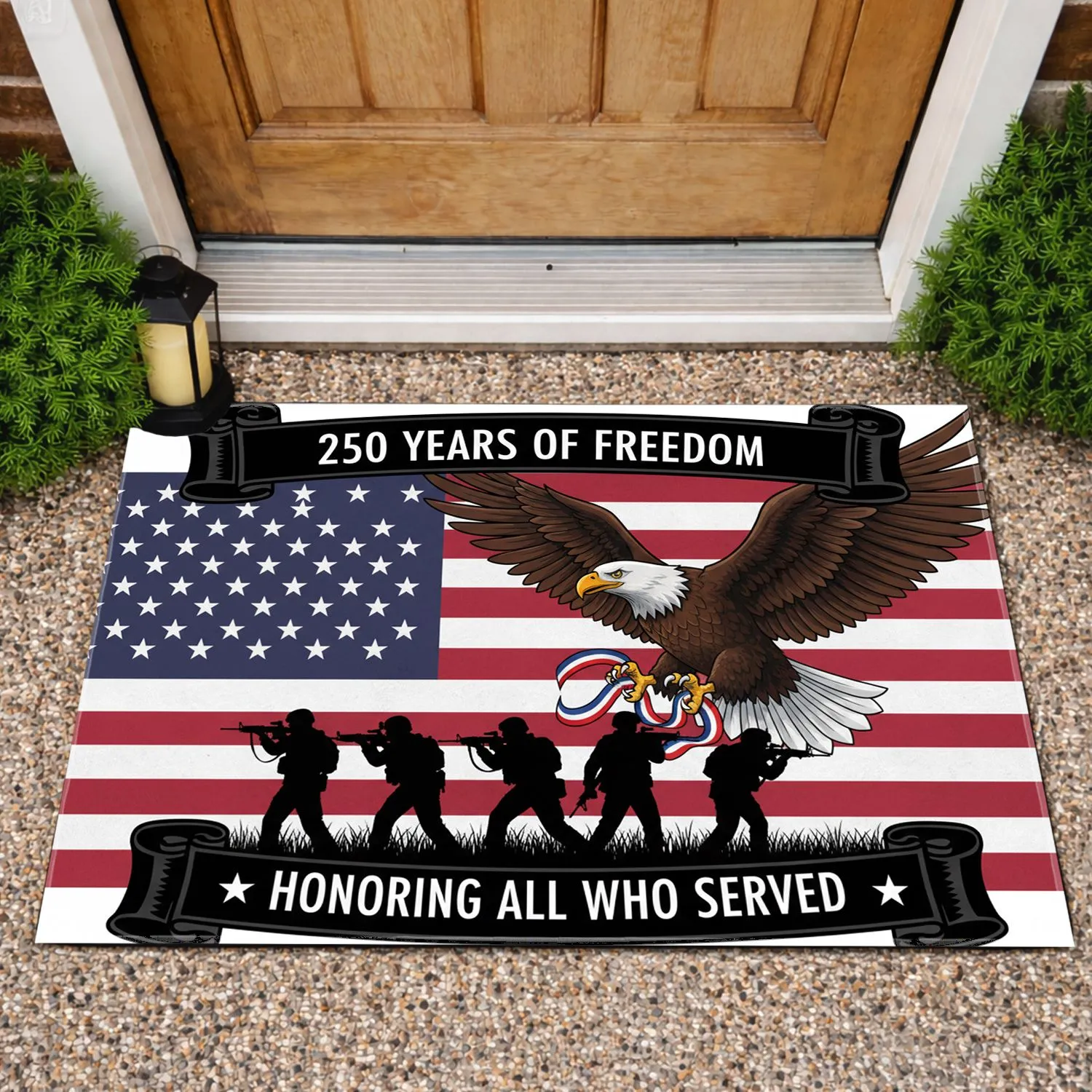 Bald Eagle American Flag Soldiers 1776-2026 - 250 Years of Freedom Honoring Service Doormat - 1