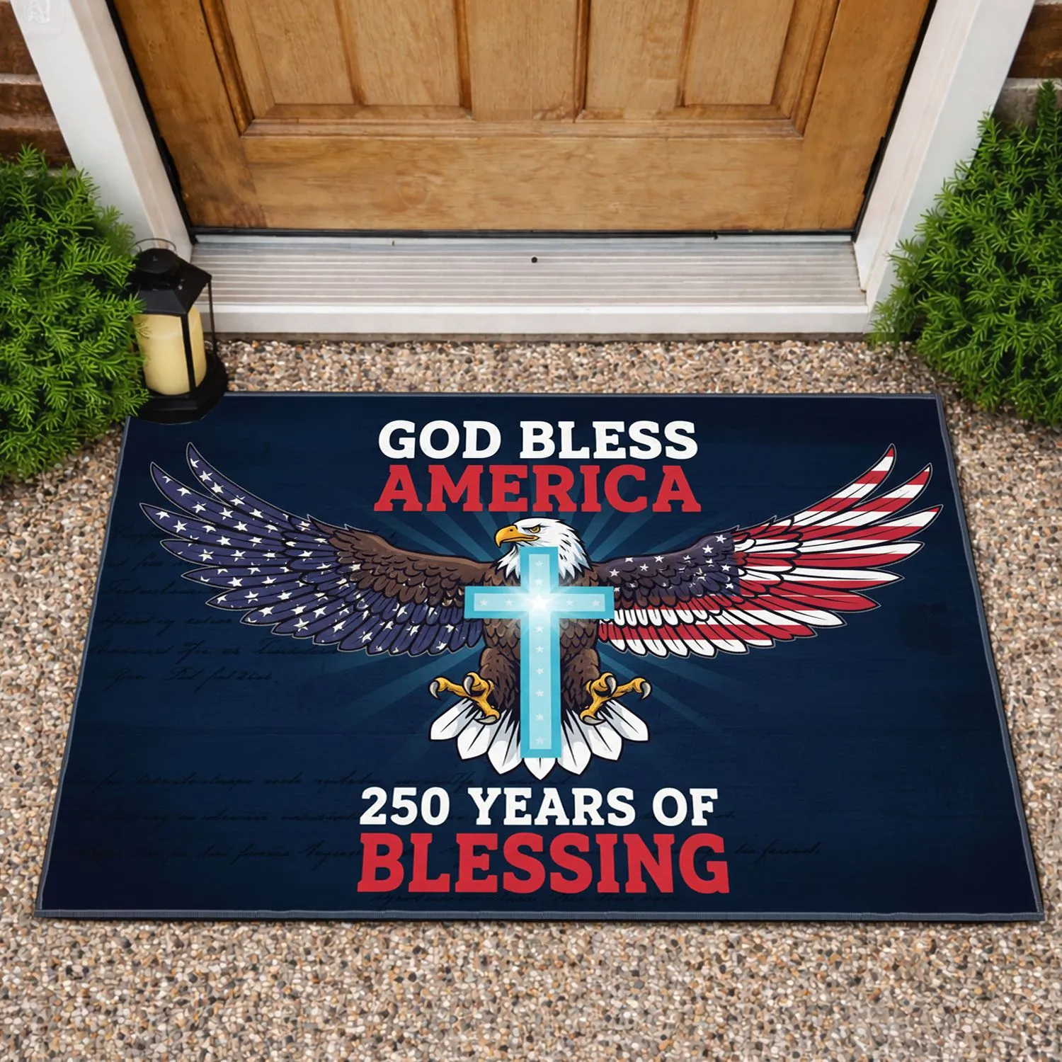Bald Eagle American Flag Cross - God Bless America 250th Anniversary (1776-2026) Doormat - 1