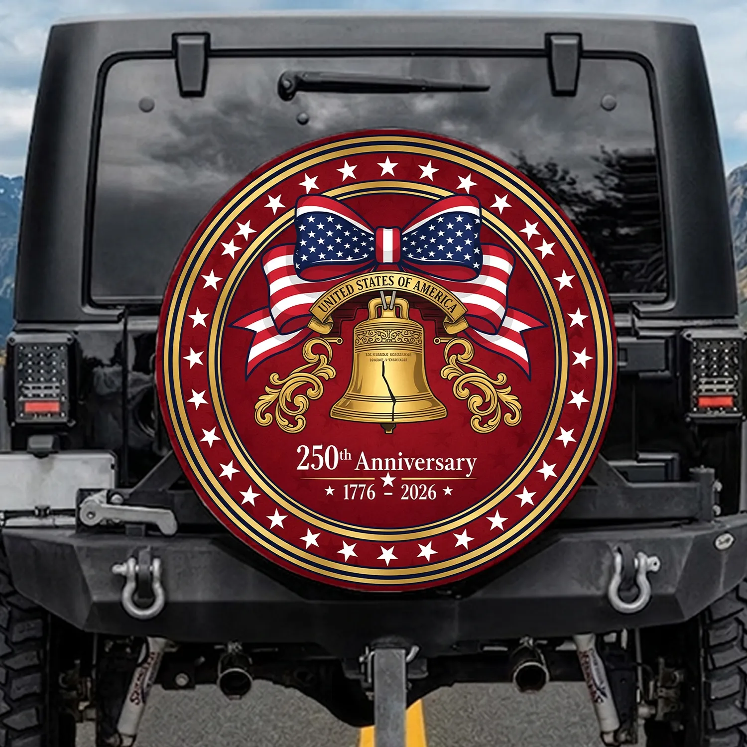 Golden Cracked Liberty Bell American Flag Bow 1776-2026 - USA 250th Anniversary Patriotic Design Spare Tire Cover - 1