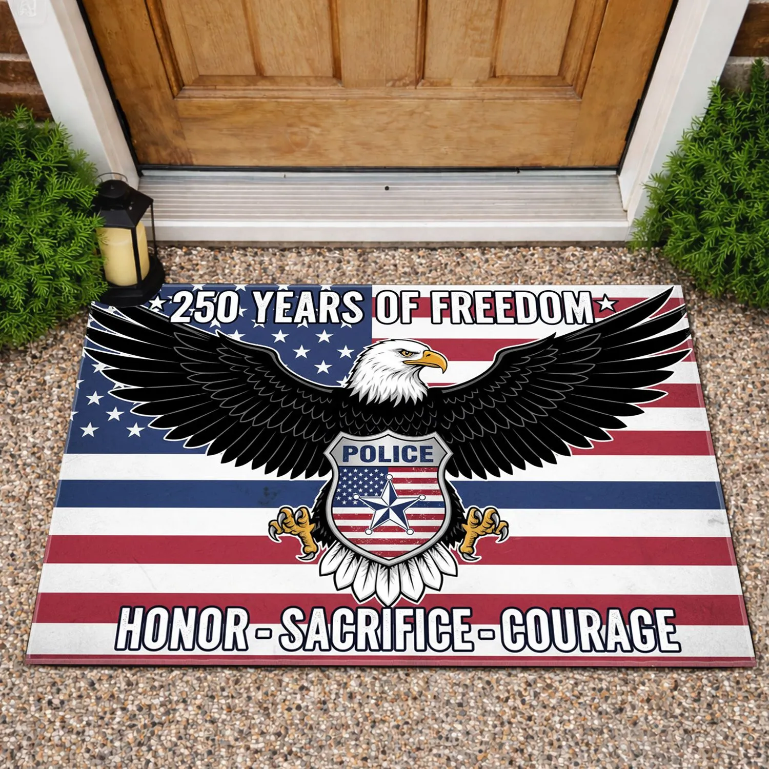 Bald Eagle American Flag Police Shield - USA 250th Anniversary Freedom & Honor 1776-2026 Doormat - 1