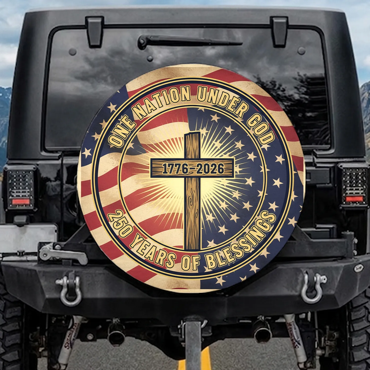 Patriotic Rustic Cross American Flag 1776-2026 - USA 250th Anniversary One Nation Under God Spare Tire Cover - 1