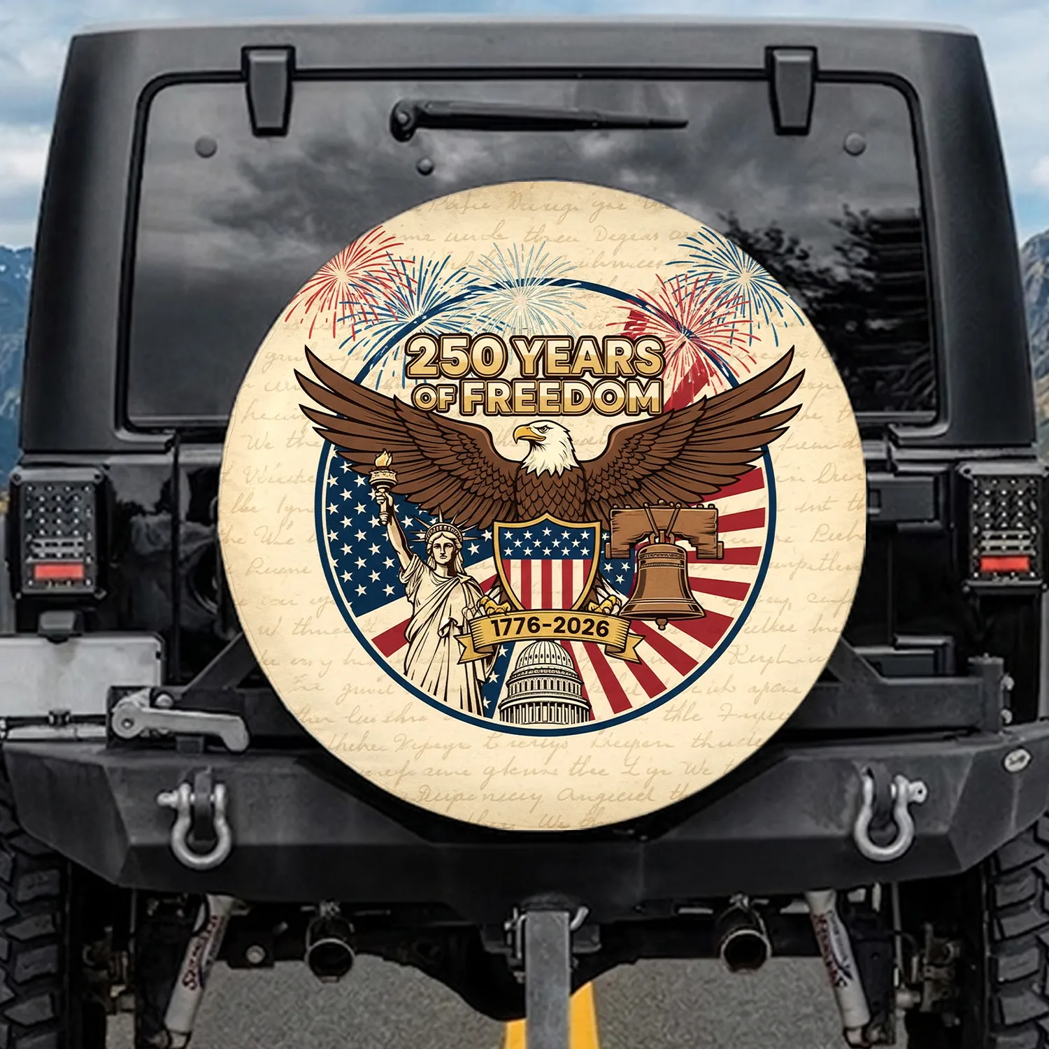Bald Eagle American Flag 1776-2026 - USA 250th Anniversary Lady Liberty & Bell Spare Tire Cover - 1