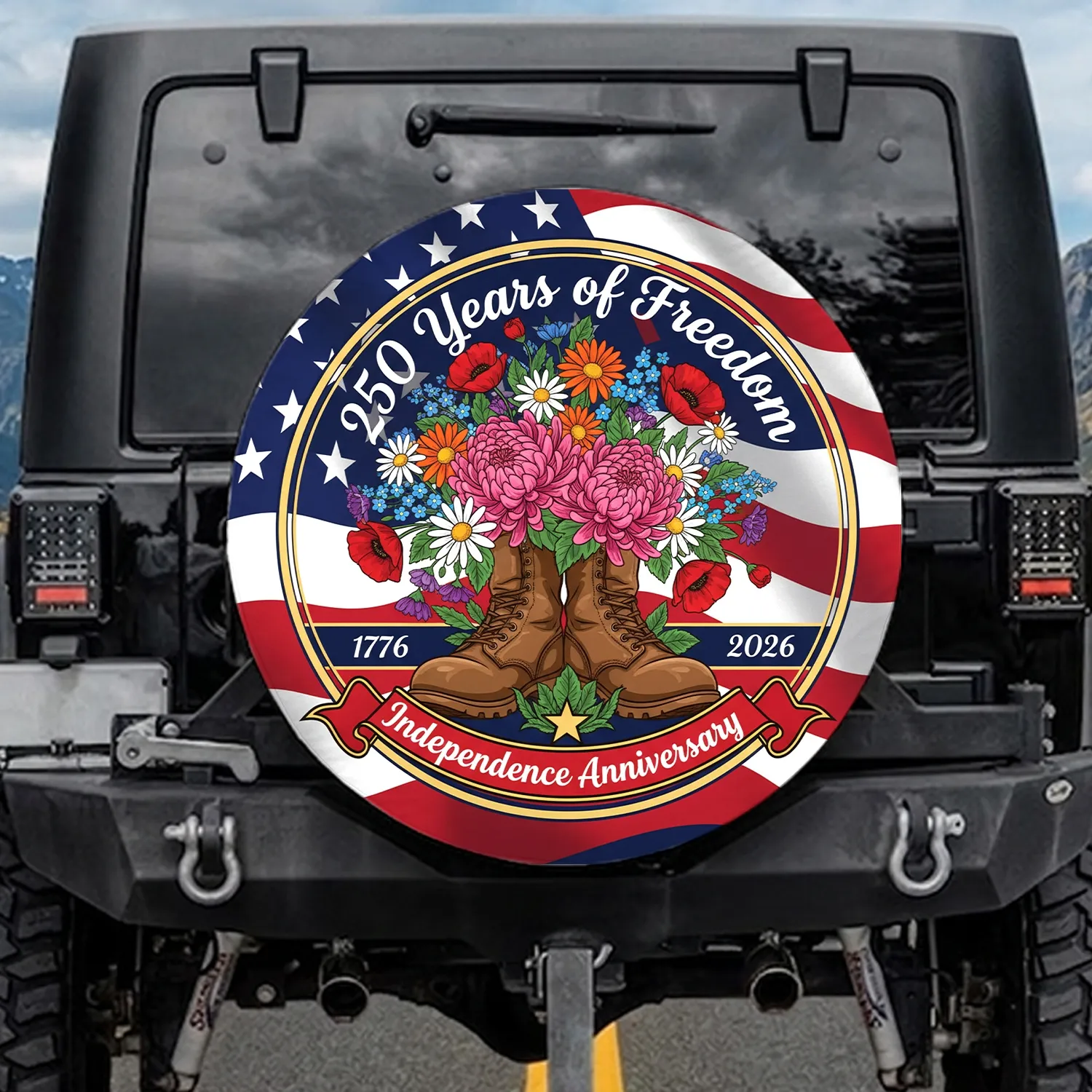 Military Boots Flowers American Flag 1776-2026 - USA 250th Anniversary Independence Spare Tire Cover - 1