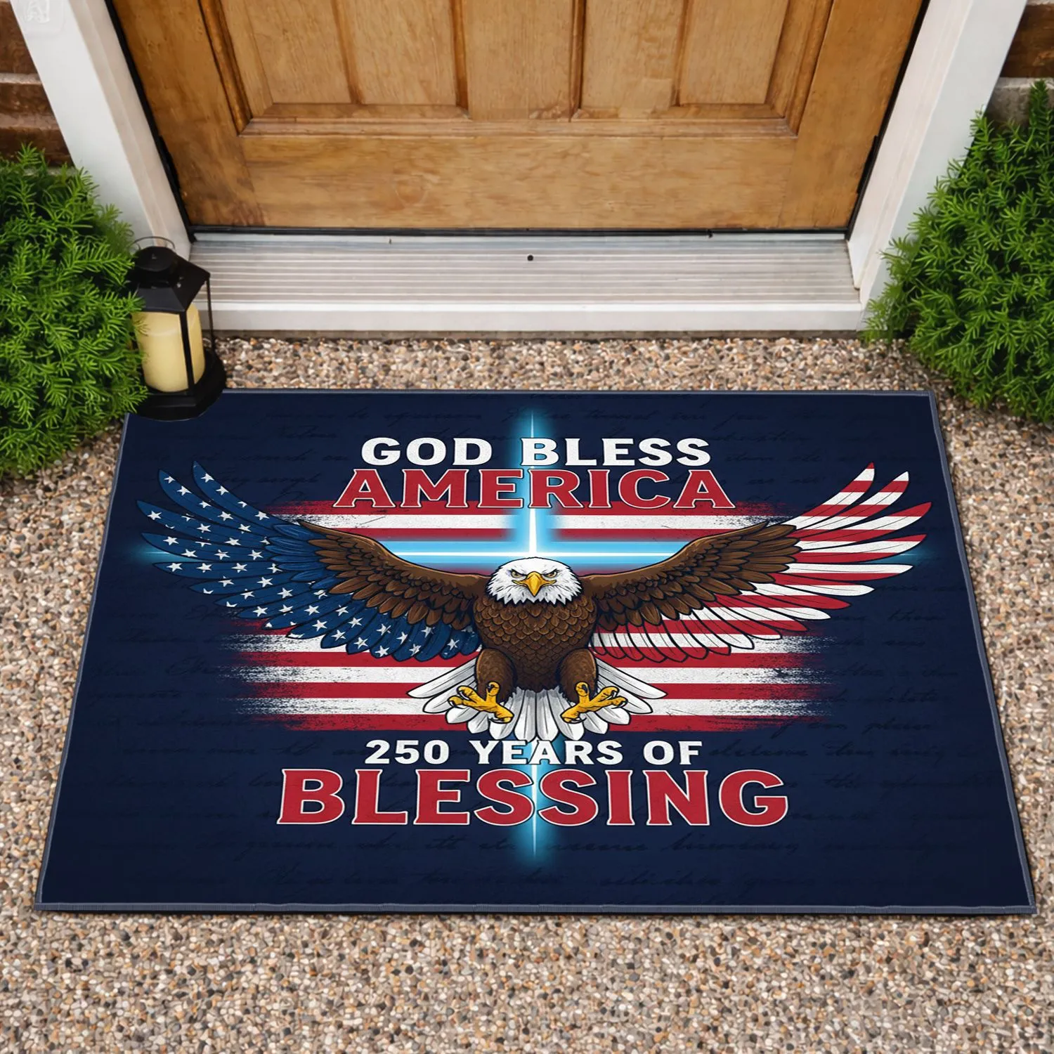 Bald Eagle American Flag Cross 1776-2026 - God Bless America 250th Anniversary Heritage Doormat - 1