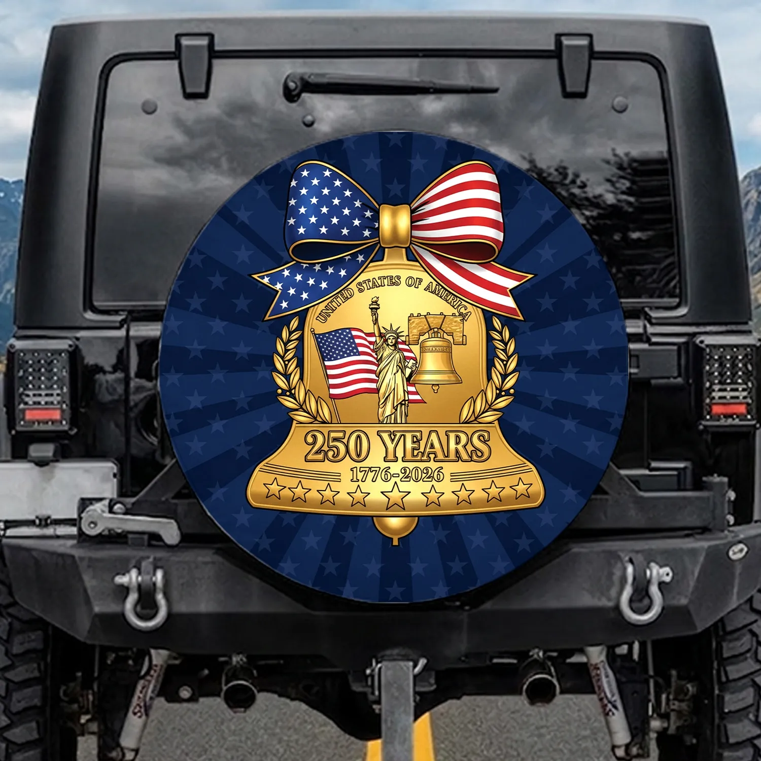Gold Bell Statue of Liberty Flag 1776-2026 - USA 250th Anniversary Commemorative Spare Tire Cover - 1