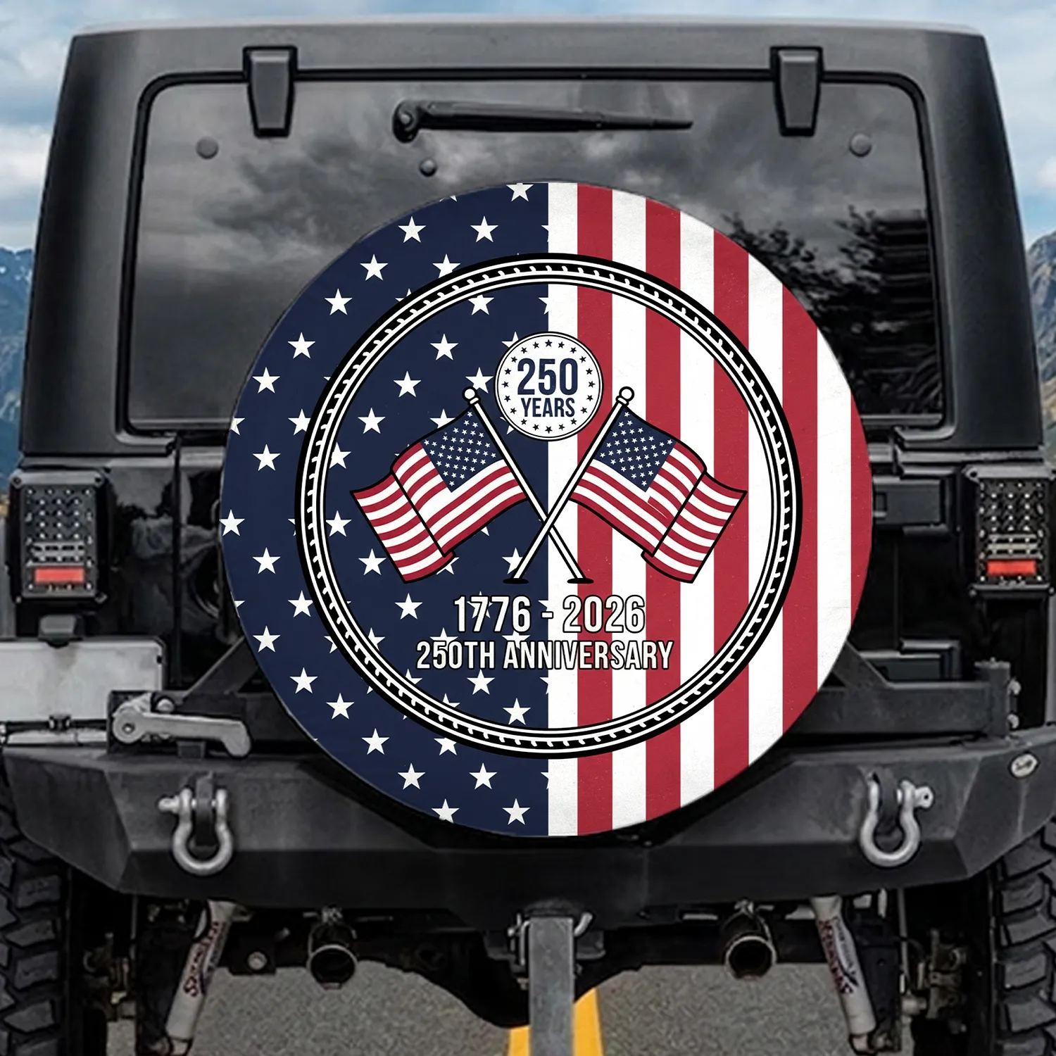 Crossed Flags 250 Years 1776-2026 - USA 250th Anniversary Patriotic Veteran Gift Spare Tire Cover - 1
