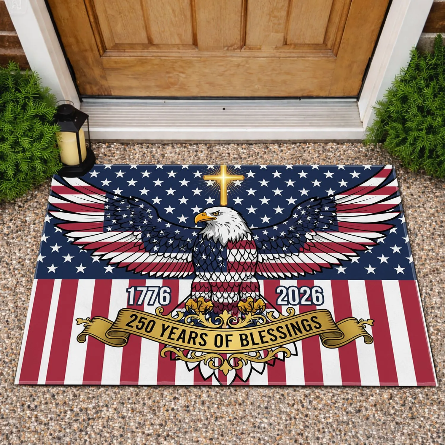 Bald Eagle American Flag 1776-2026 Christian Cross - USA 250th Anniversary Patriotic Doormat - 1