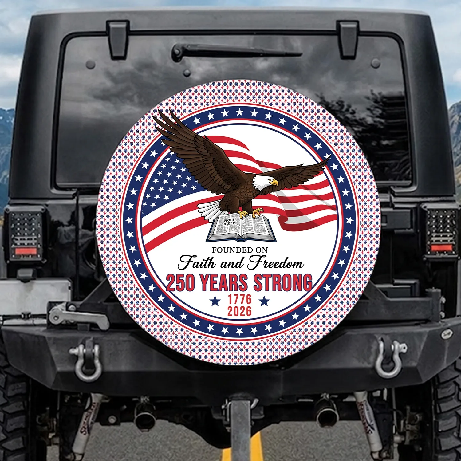 Bald Eagle American Flag Holy Bible 1776-2026 - USA 250th Anniversary Faith and Freedom Spare Tire Cover - 1